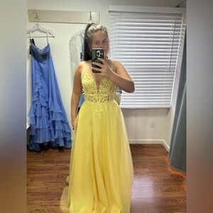 Mori Lee Yellow Lace Prom Dress